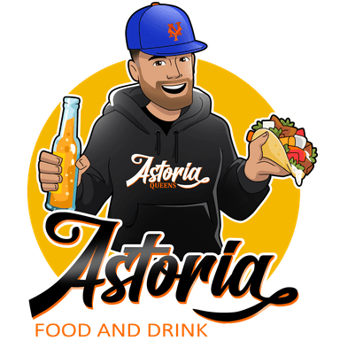 Mets hat-wearing man eating a gyro and drinking a beer wearing an Astoria Food and Drink hoodie